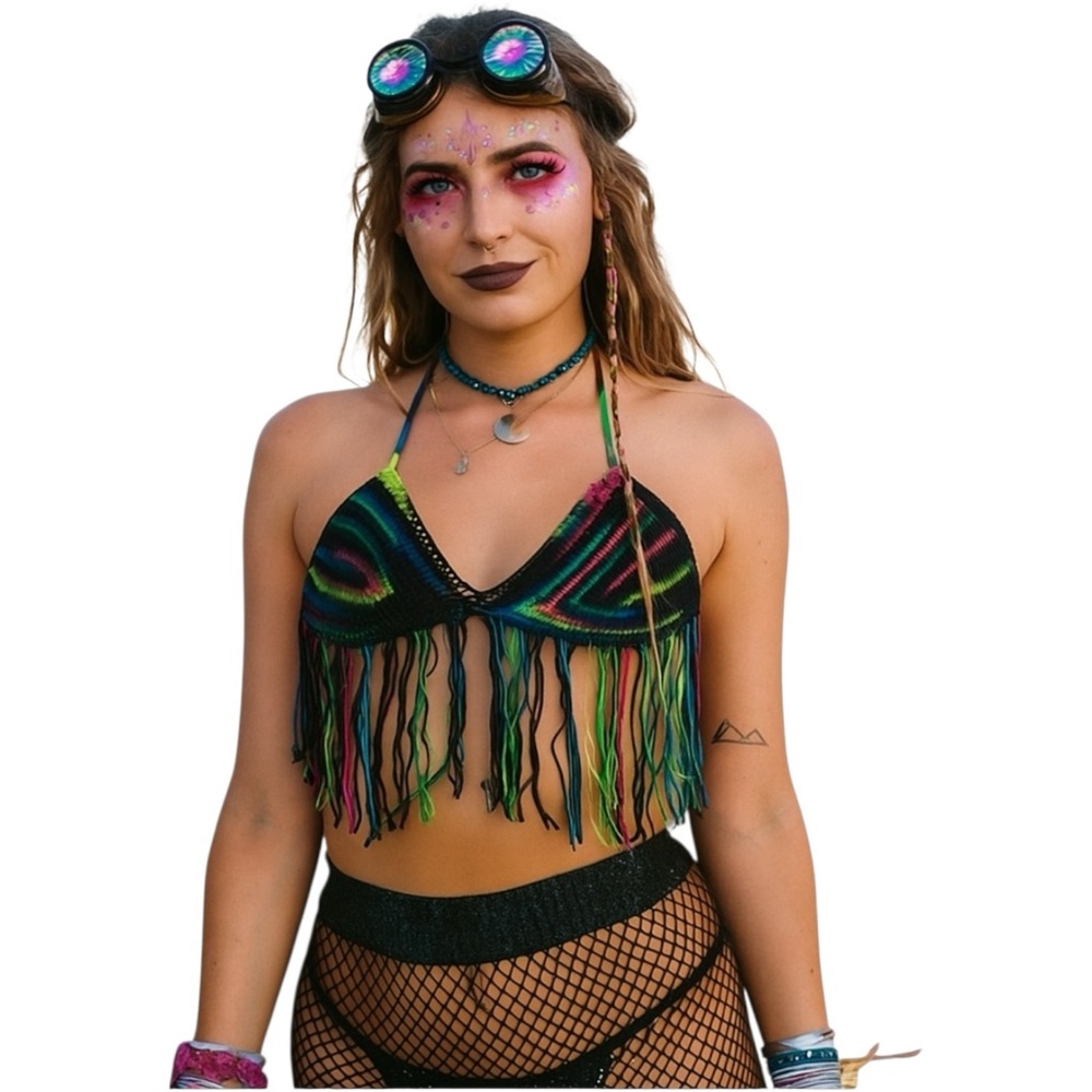 Techno Rave Festival HANDMADE Crochet Bikini Fringe Top Summer Large